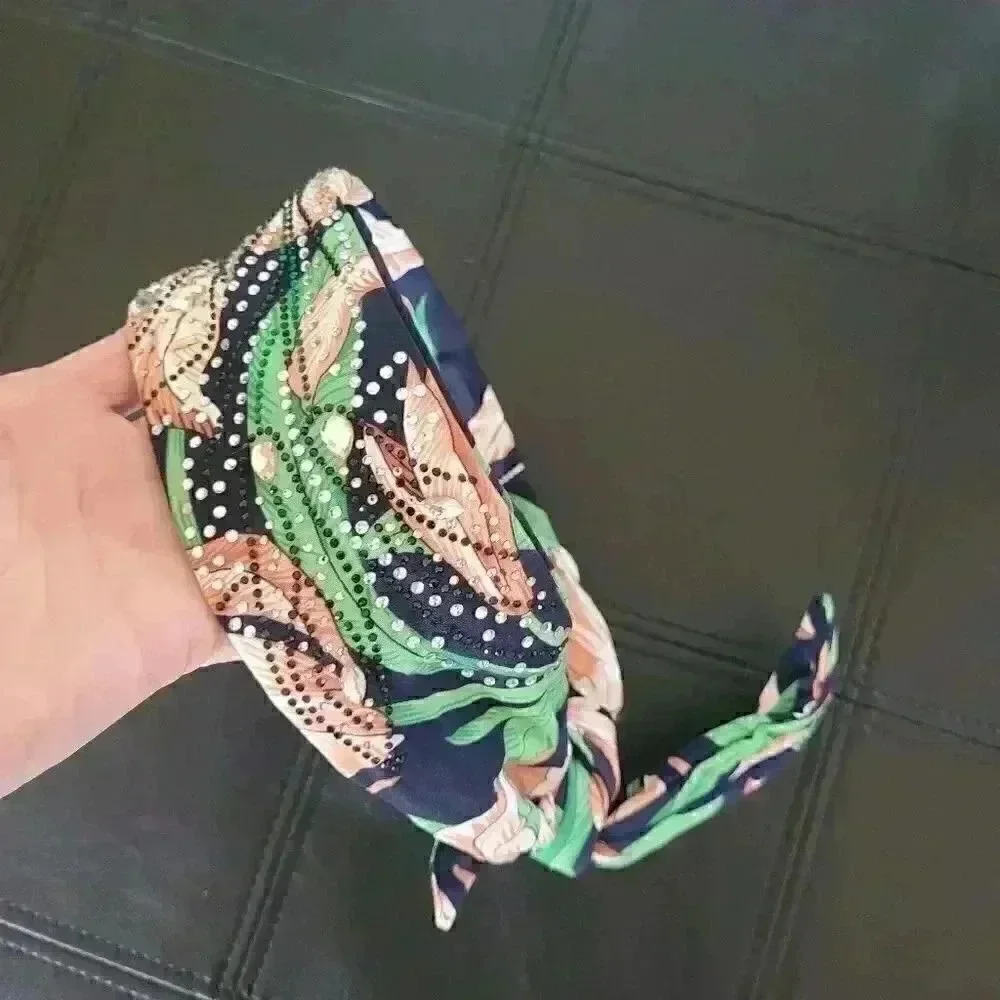 Aldo Women's Green/Navy/Peach Floral with Rhinestone Accents Hair Headband - NEW